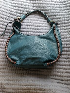 CHILLX Leather Braided-Trim Hobo Bag in Teal